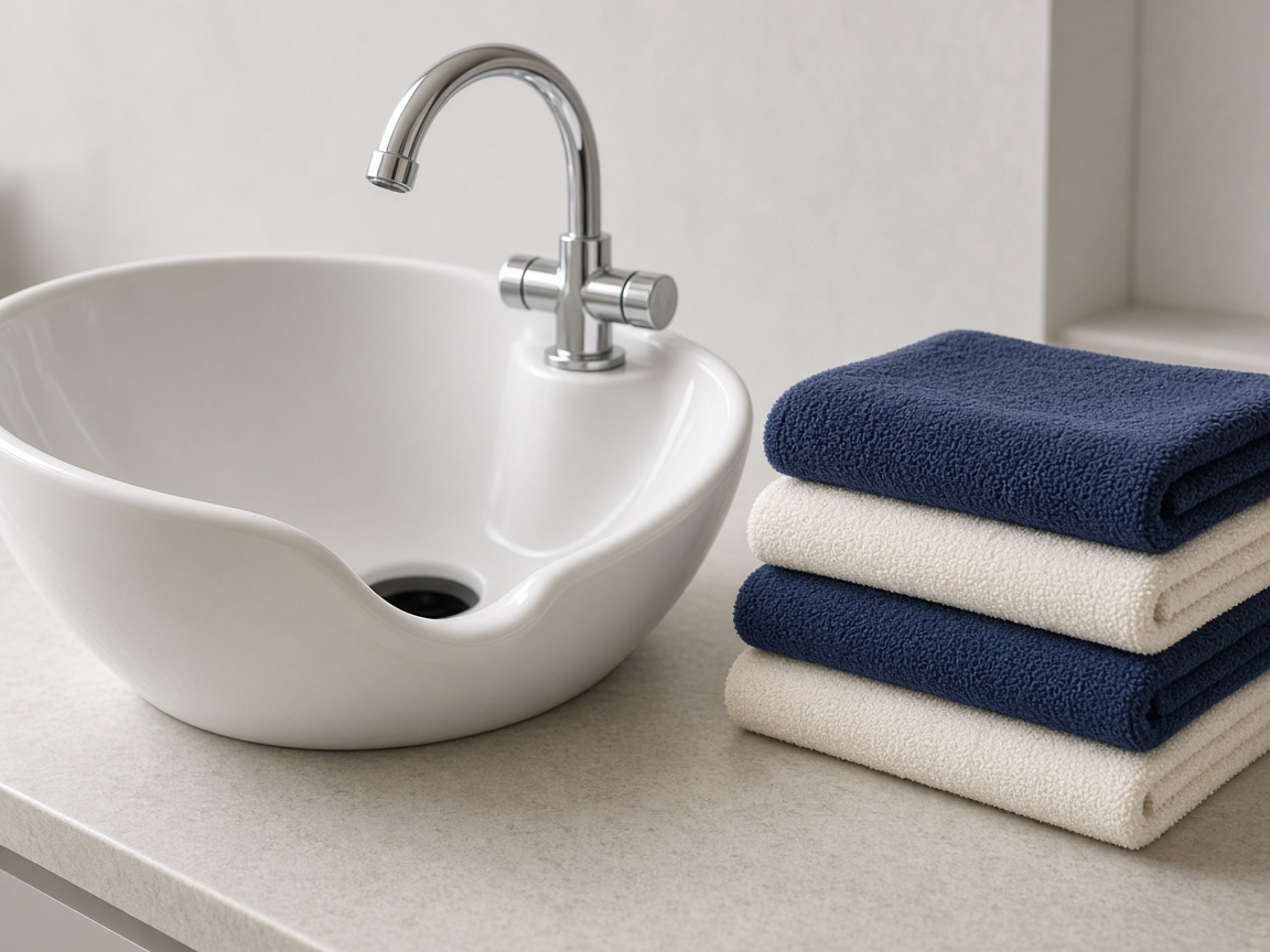 Wash bowl with cream and indigo towels
